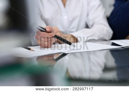 Bookkeepers Team Or Financial Inspectors  Making Report, Calculating Or Checking Balance. Group Of P