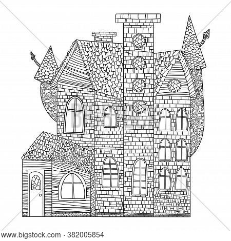 House In Gothic Style Outline In Black Color On White Background, Stock Vector Illustration For Desi