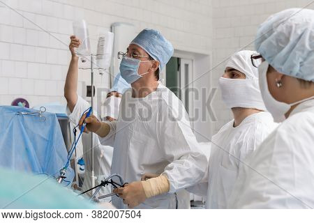 Laparoscopic Surgery. The Surgeon Performs The Operation