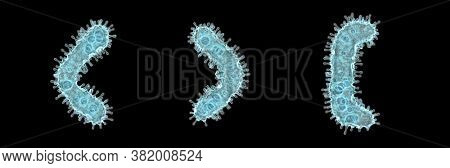 Alphabet made of virus isolated on black background. Symbol left and right angle bracket, left square bracket. 3d rendering. Covid font 3d