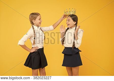 Happy Girls In Uniform And Crown. Imagine As Big Boss. Motivation To Study. Kid Fashion. Friendship.