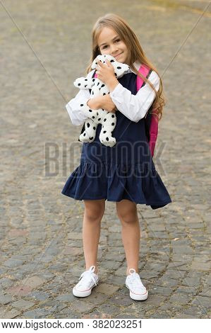 Make Time For Play. Happy Kid Hug Toy Outdoors. Toy Friend. Educational Games. Imaginative Activity.
