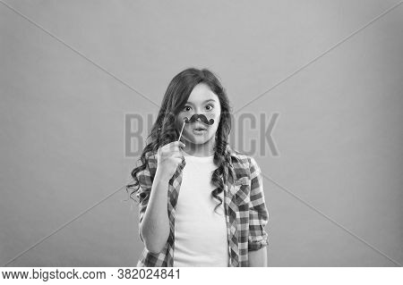 Feeling Upset. Serious Kid With Funny Party Moustache. School Girl Ready For Fun. Happy Childhood. C