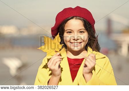 Time To Relax. Happy Small Girl. Autumn Kid Fashion. Child Maple Leaf. Kid In French Beret. Leaf Fal