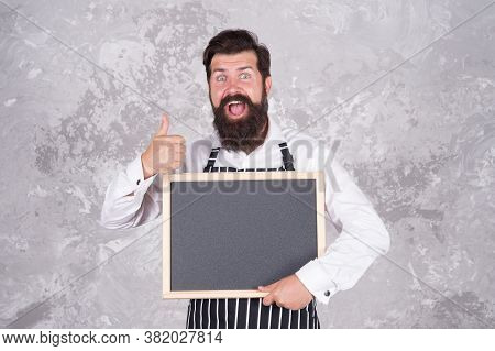 Man Good Looking Hospitable Restaurant Waiter With Blackboard Copy Space, Perfect Quality Concept.