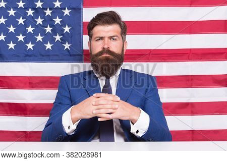 Without Freedom You Are Nothing. American Man. Bearded Man On Usa Flag Background. Serious Look Of B
