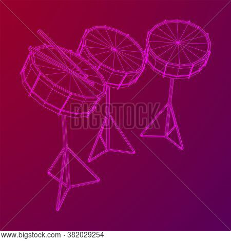 Musical Instruments Set. Rock Band Kit. Percussion Musical Instrument Drum And Stick. Wireframe Low 
