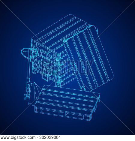 Hand Pallet Jack Lift. Manual Forklift With Cargo Pallet For Warehouse. Logistics Shipping Concept. 