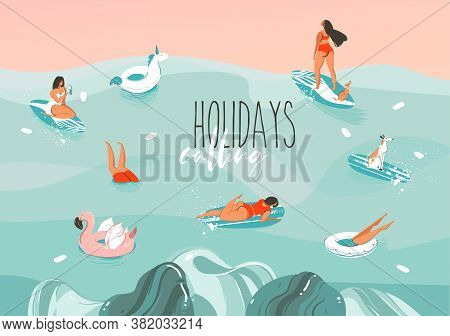 Hand Drawn Vector Stock Abstract Graphic Illustration With A Funny Sunbathing Family People Group In