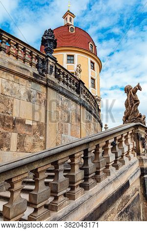 Moritzburg, Juli, 2020, Germany, Baroque Moritzburg Castle, A Staircase With Sculptures Leading To T