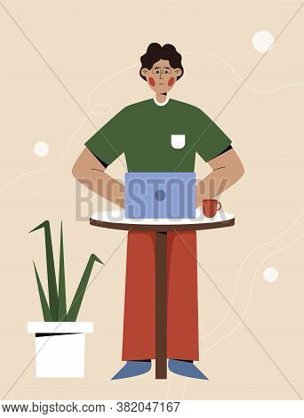 Male Freelancer Works On Laptop. Concept Of Freelancer At Home. Work Fron Home. Modern Flat Vector I