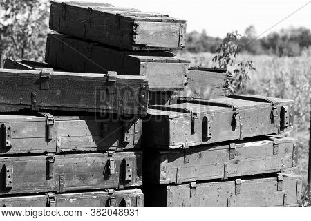 Green Wooden Military Boxes For Rearmament On The Field At A Military Competition