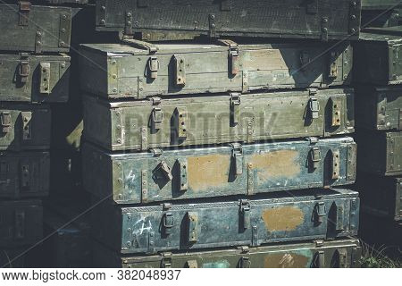 Green Wooden Military Boxes For Rearmament On The Field At A Military Competition