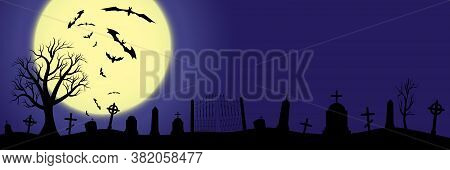 Halloween Scary Graveyard Background With Trees, Crosses And Bats. Halloween. Silhouette Of A Tombst