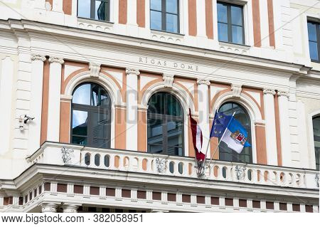 Riga, Latvia - September, 2019: Latvian Flag On Riga City Council (rigas Dome) Building Of The Gover