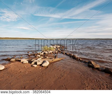 Huge Stones On The River Bank. Vuoksa River Near Imatra In The Leningrad Region, Russia. Coastline W