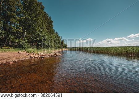 Huge Stones On The River Bank. Vuoksa River Near Imatra In The Leningrad Region, Russia. Coastline W