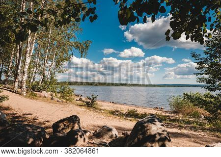 Huge Stones On The River Bank. Vuoksa River Near Imatra In The Leningrad Region, Russia. Coastline W