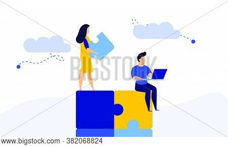 Puzzle Team Work Vector Illustration Concept Partner. Partnership Teamwork Business People Collabora