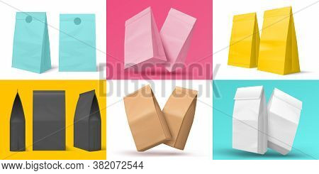 Realistic Snack Bag. Blank Paper White Brown And Black Food Package Mock Up Set For Design Template.