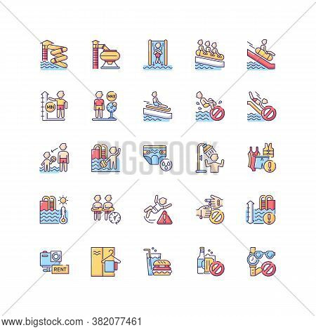 Water Park Rgb Color Icons Set. Aquatic Play Area, Summer Recreation Center. Safety Rules On Water S