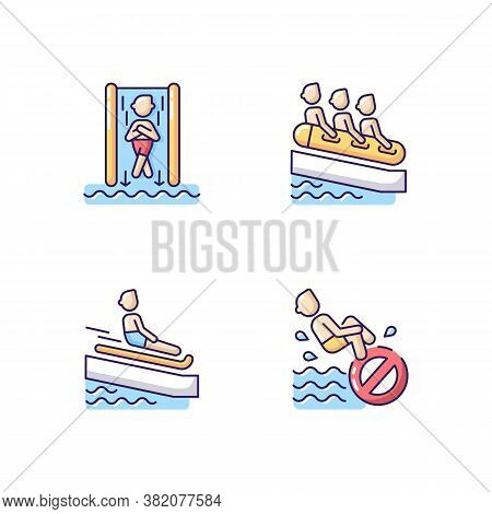 Waterslide Types Rgb Color Icons Set. Speed Slide, Family Rafting, Swimming Mat And No Bomb Jumping.