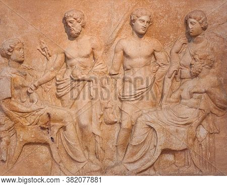 Ancient Bas-relief On Funerary Stele From Kerameikos In Athens, Greece
