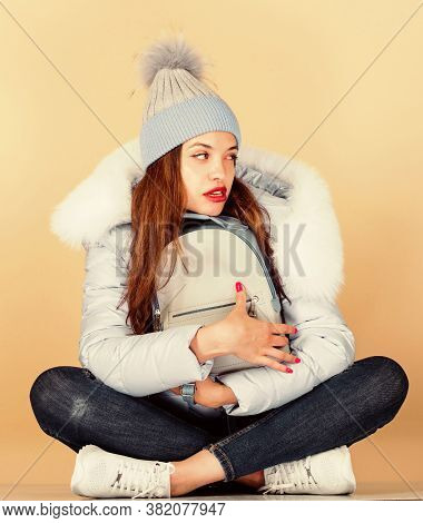 This Is Mine. Happy Winter Holidays. Woman In Beanie Hat With Backpack. Flu And Cold Season. Leather