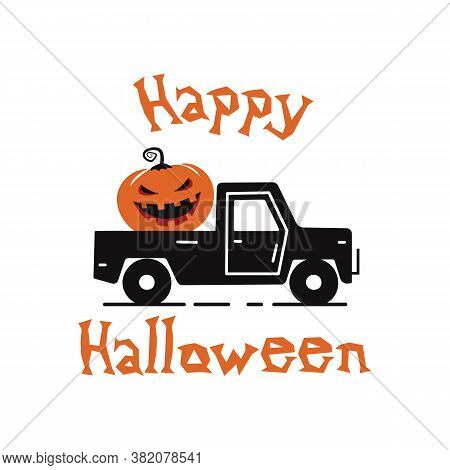 Happy Halloween Emblem Logo Design. Holiday Poster With Pumpin, Car And Text - Happy Halloween. Vect