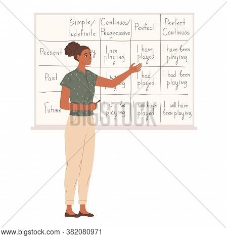 Female Teacher Near Chalkboard In School Classroom.