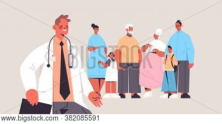 Male Doctor Conulting Multi Generation Family Medical Consultation Healthcare Service Concept Horizo