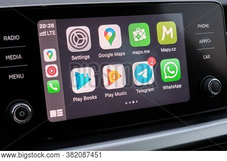 Apple Carplay Screen In The Car Dashboard Main Menu. Entertainment In The Automobile, August 2020, S