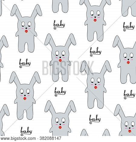 Seamless Pattern Of Gray Bunny On A White Background. Cartoon Rabbits And Lettering Baby. Hand Drawi