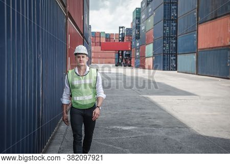 Container Ship Logistics Engineer Worker Is Working In Yard Shipping Terminal, Business Cargo Transp