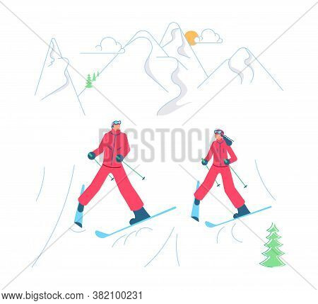 Mountain Ski Resort Concept. Skiers In Ski School On Winter Mountain Landscape Background. Flat Art 