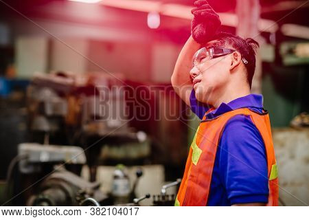 Tired Worker, Headache Hot Weather Over Heat Unhealthy Engineer Working In Heavy Industry Factory.