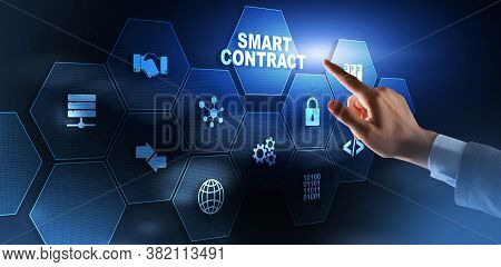 Smart Contract. Modern Business Technology. Businessman Presses Virtual Button Smart Contract Text O