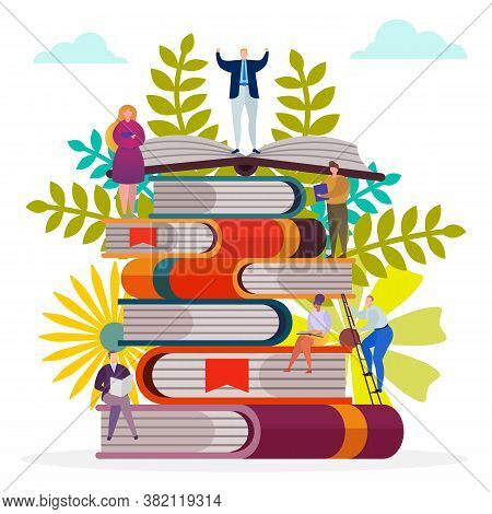 Student Character At Book Stack, Vector Illustration. People Read Knowledge, Man Woman Study In Libr
