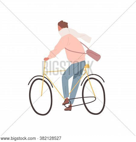 Modern Millennial Cycler Man Wearing Scarf Ride Urban Bike. Active Male Character On Bicycle. Flat V