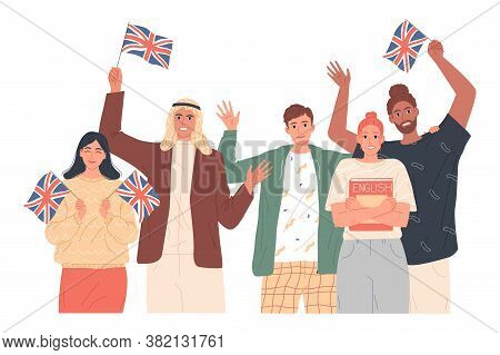 People Holding English Flags. Studying English. Language School. Travel Or Education.