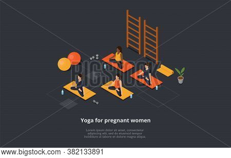 Yoga, Healthcare, Pregnancy And Maternity Concept. Pregnant Women In Lotus Position Sit On The Mats 