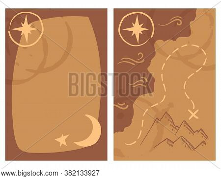 Old Treasury Map Card Two Sides, Vector Illustration With Text Place. Gift Or Greeting Card Template