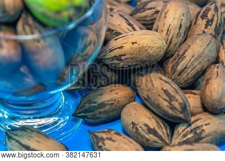 Pecan (carya Illinoensis) Fruits Spread On Flat Surface