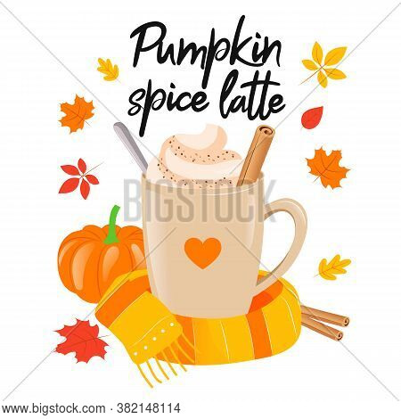 Pumpkin Latte Sign With Black Lettering Text And Coffee Cup. Cosy Autumnal Vector Illustration On Wh