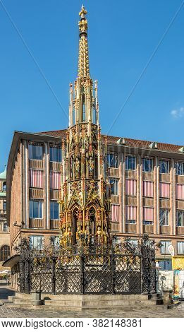 Nuremberg,germany - August 08,2020 - View At The Gold Brunner Fountain In Nuremberg. Nuremberg Is Th