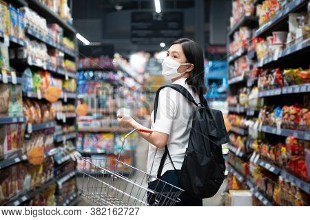 Asian Woman Wearing Protective Face Mask Prevention Virus And Pollution, Shopping Buying Foods At Su