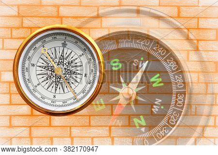 Abstract Photo With Compass On Brick Wall Background As Symbol Of Tourism With Compass, Travel With 