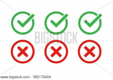 Green Check Mark And Red Cross Icon Set. Vector Isolated Elements. Tick Approved Symbol. Stock Vecto