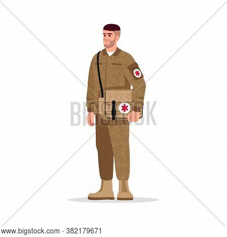 Military Doctor Semi Flat Rgb Color Vector Illustration. Male Army Medic. Noncombatant Doctor. Young