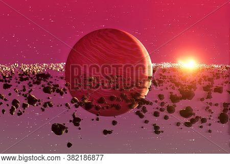 Stylized Planet Saturn Or Jupiter Close-up, With Ring And Sun. World Outside Of Our Solar System. 3d